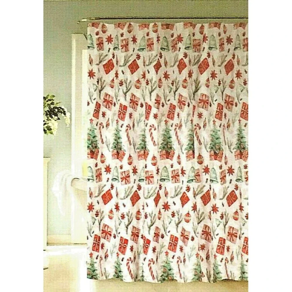 Christmas Fabric Shower Curtain Presents Candy Cane Holiday with Hooks 72x70